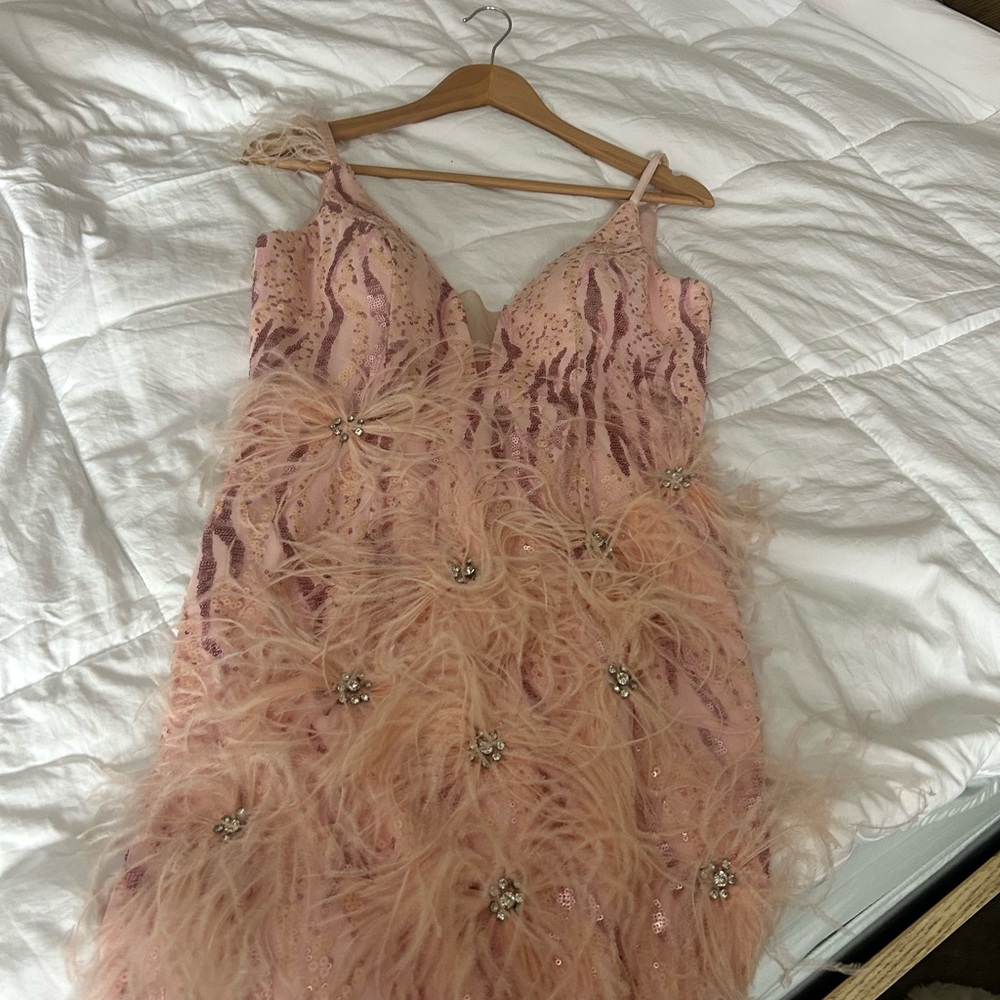 Pink sequin feather mini dress ( formal ) worn once for couple hours